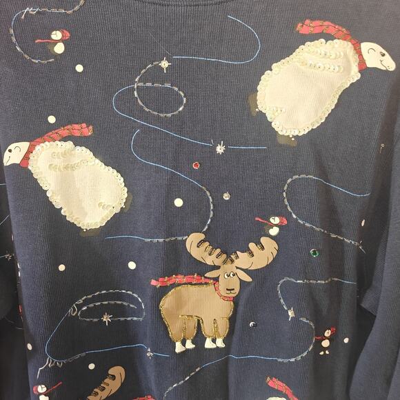 Saul Away Women S Blue Skating Polar Moose Christmas Vintage Ugly Sweater Sequin - Picture 2 of 9